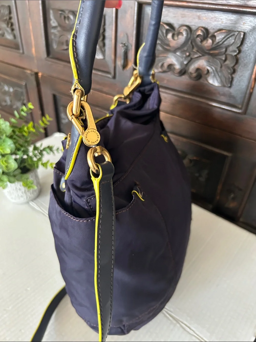 Marc Jacobs Nylon Navy Blue Shoulder Bag with Yellow Trim